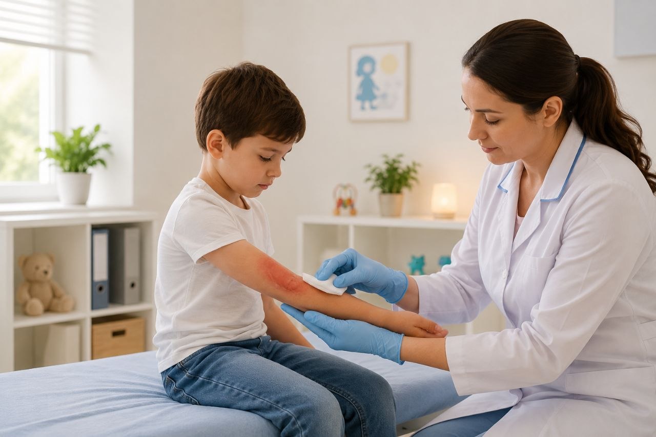 Enfant ayant subi une légère brûlure se faisant examiner par un chirurgien pédiatre